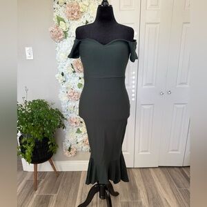 Lulus How Much I Care Dark Green Off-the-Shoulder Midi Dress